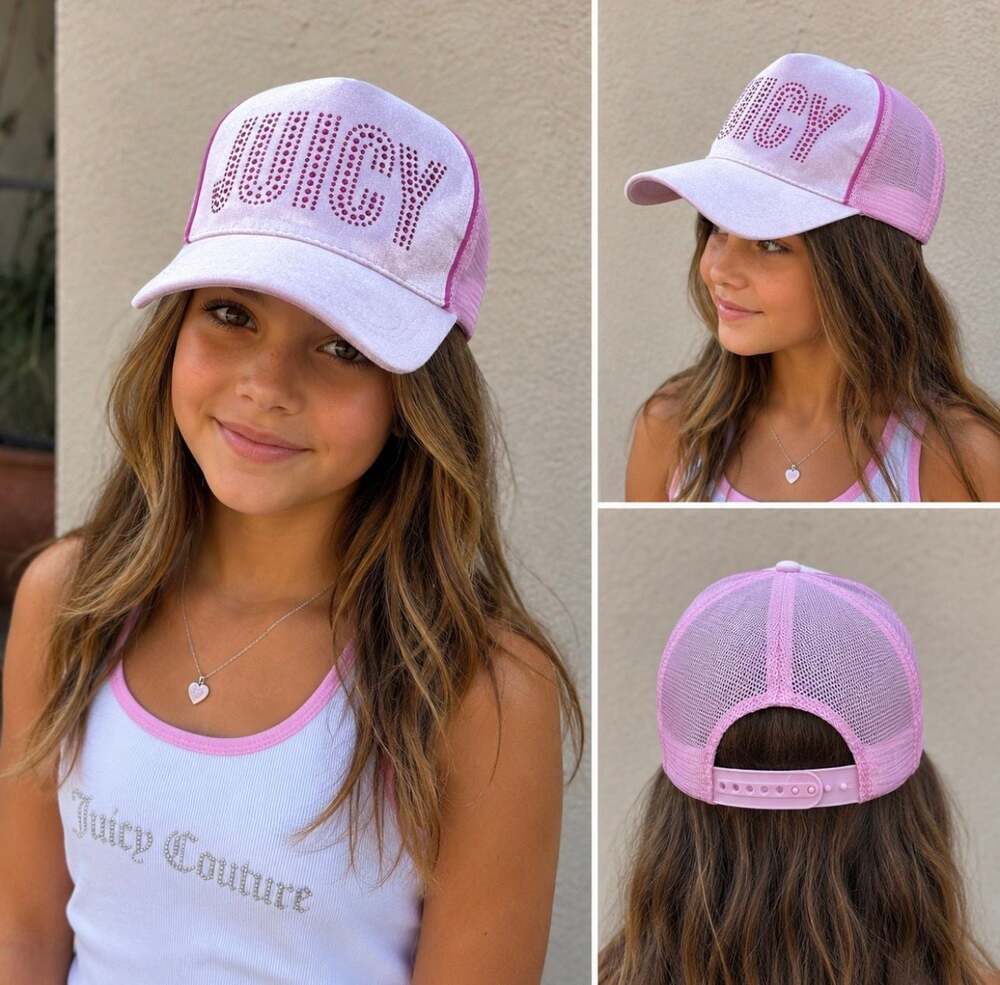NWOT Juicy Couture Kids Pink Velour Rhinestone Trucker Hat Y2K